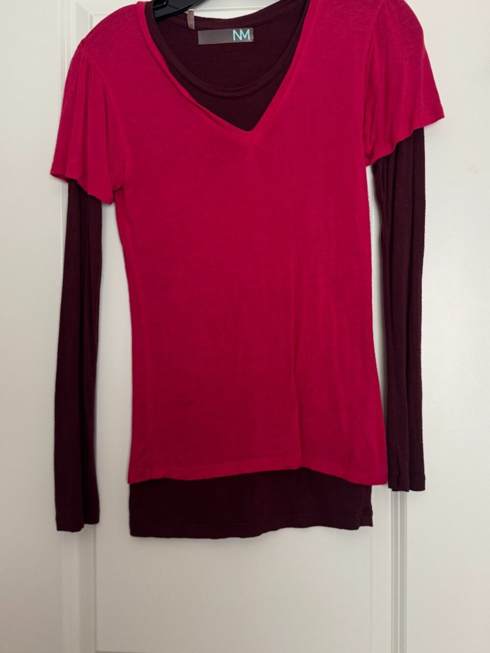 NM Burgundy Dark Magenta Layered Look Short Sleeve Top XS